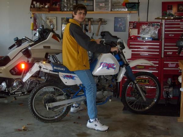 Avery on his new (to him) 1994 Suzuki DR125SE. It's his first bike.