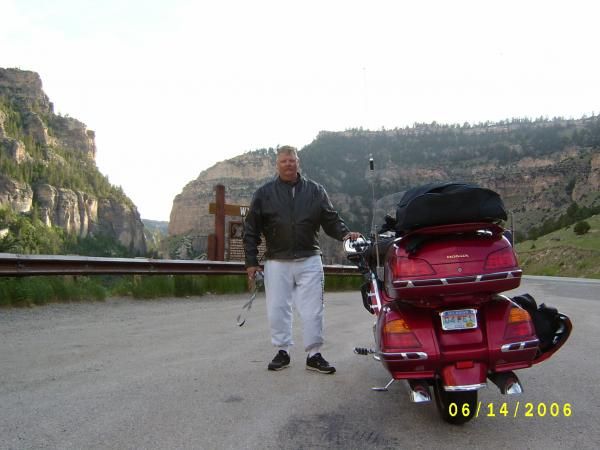 Karl and his Gold Wing in Ten Sleep Canyon.
