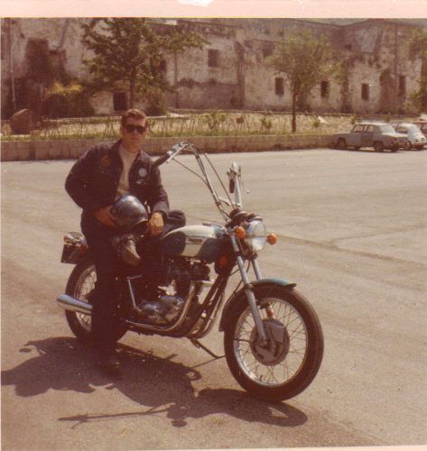 My first scooter, a 650 CC Triumph Tiger in Naples, Italy 1974. Rode it all over Europe during the t