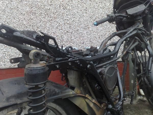 Honda VT500E Right side with engine out, I'd now started cleaning up the frame and repainting it.