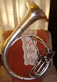 This is my Columbia E-flat Helicon (tuba). It was produced by the H.B. Jay Company of Chicago. I est
