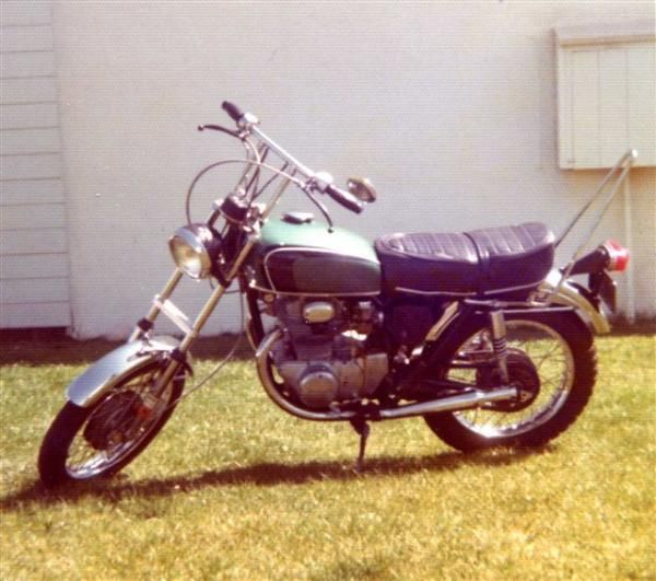 1968 Honda CB350
Another basket-case.  Bought in 1974.  No extra money to dump into it.  Used parts