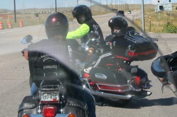 Grandpa and Brendan on Yamaha. LoriB and Roger H on the right. Leaving Cheyenne on the way to Sarato